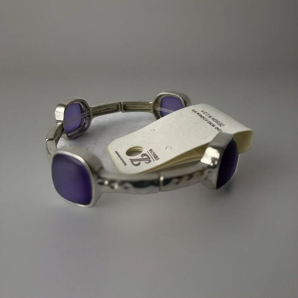 JL Designs Purple Silvertone Stretch Bracelet Rectangle Bangle Costume Jewelry